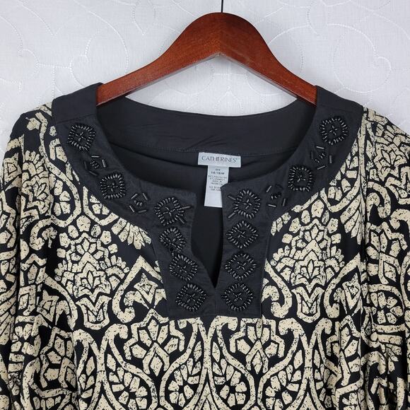 Catherine's Womens Dress Size 0X Black Tan Paisley Print Beaded 3/4 Sleeve NEW - Picture 11 of 12